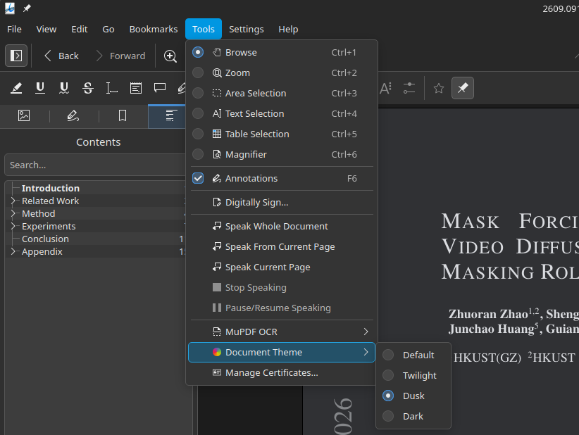 Okular's Document Theme menu open over a PDF, with Dusk selected