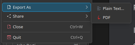 Okular's ePUB and MOBI Export As menu showing the PDF option