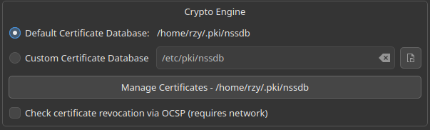 Crypto Engine settings showing default and custom NSS certificate databases and the Manage Certificates button