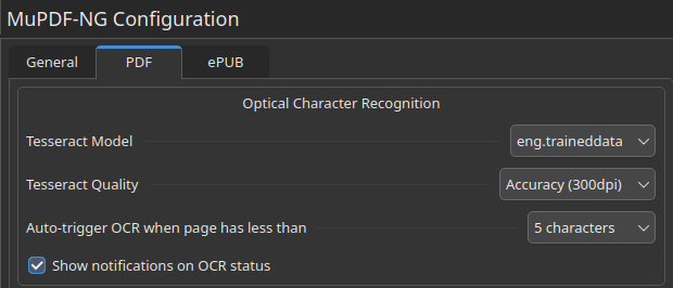PDF Optical Character Recognition settings with a Tesseract model, quality, and automatic OCR threshold