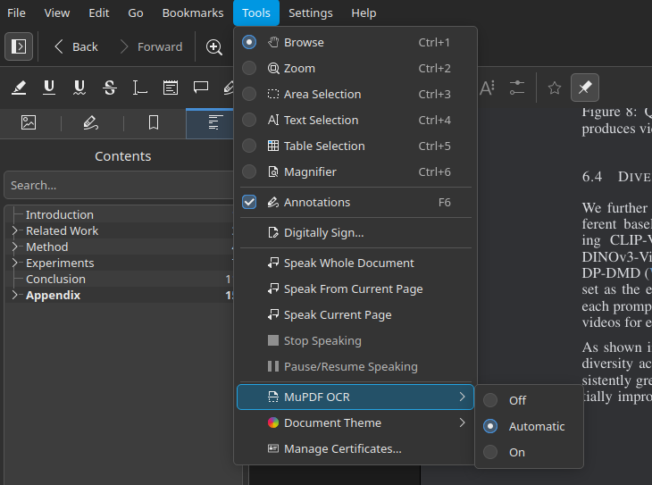 Tools menu open to Tesseract OCR options Off, Automatic, and On