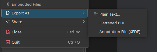 Okular's PDF Export As menu with Flattened PDF and Annotation File (XFDF) options