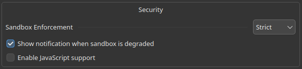 General Security settings with Strict sandbox enforcement, degraded-sandbox notifications enabled, and JavaScript disabled