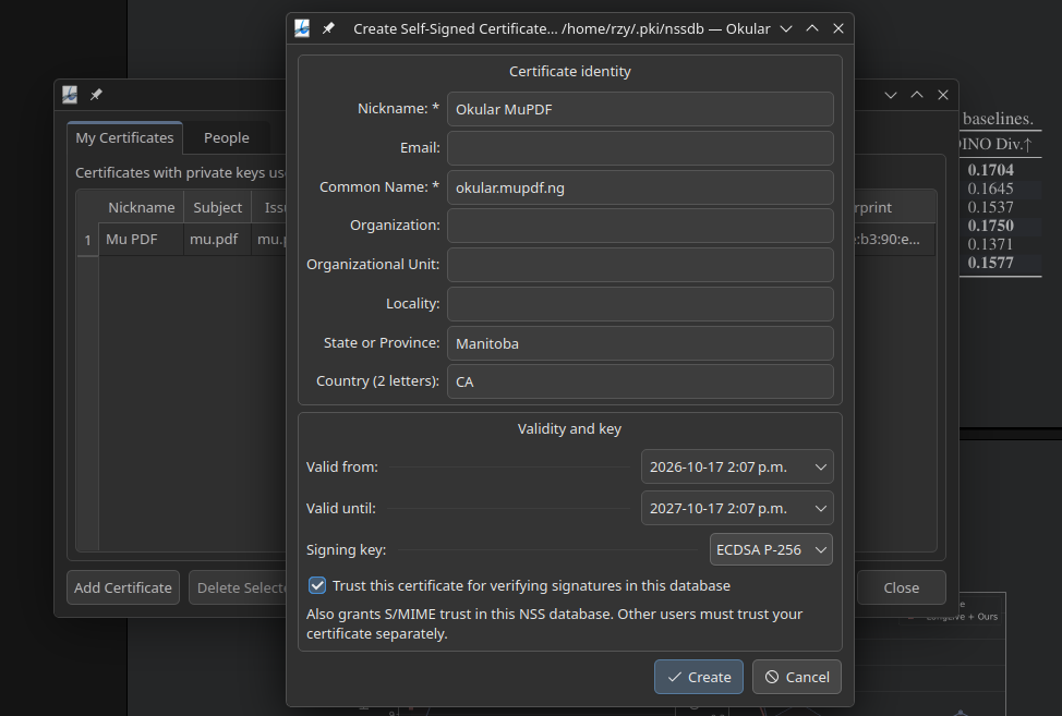 Create Self-Signed Certificate dialog with identity fields, validity dates, signing key, and a local trust option
