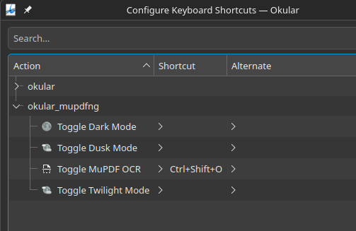 Okular keyboard shortcut settings listing the Tesseract OCR and document theme toggle actions