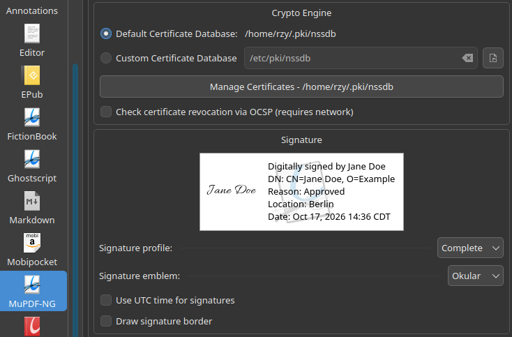 MuPDF signature settings with an appearance preview, profile, emblem, UTC time, and border options